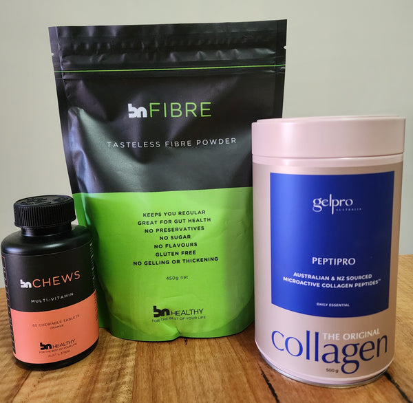 The Essentials Starter Kit - BN Chewable Multivitamins + Gelpro Peptipro Collagen Protein Powder + BN Fibre Powder