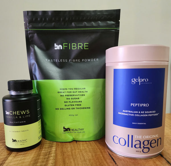 The Essentials Starter Kit - BN Chewable Multivitamins + Gelpro Peptipro Collagen Protein Powder + BN Fibre Powder